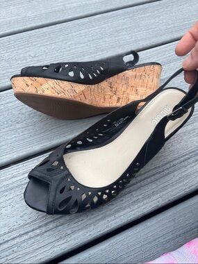 Women’s Black Cork Wedge Slingback Sandals leather size 8 Nicole